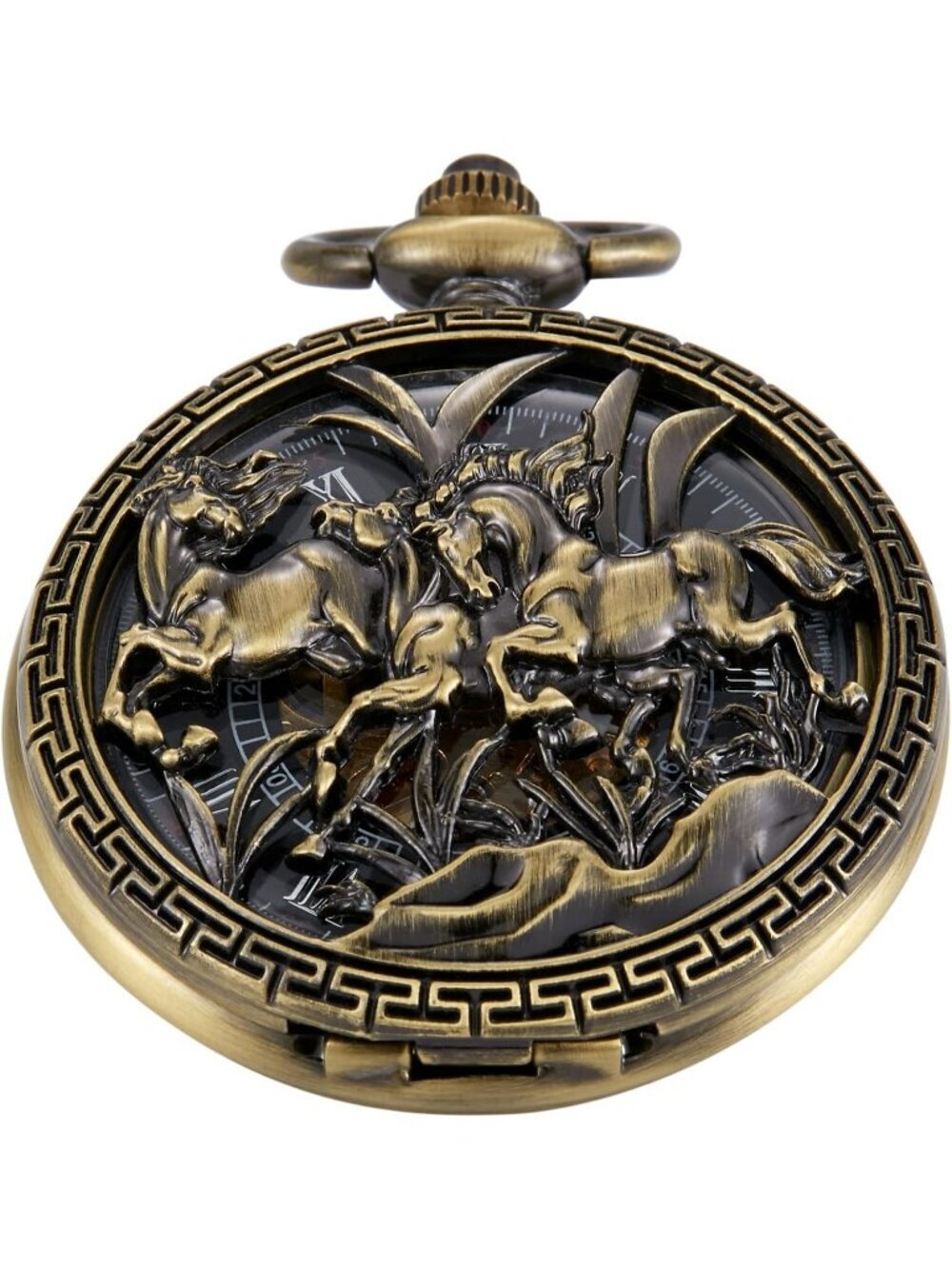 Men's Gold Bronze Horse Skeleton Roman Numerals Hollow Mechanical Pocket Watch